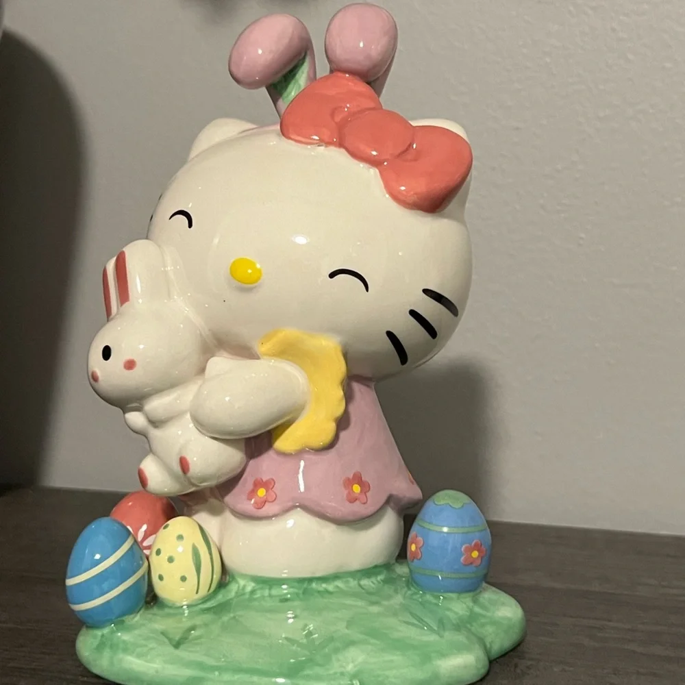 Cute Kitty Figurine with Bunny and Eggs